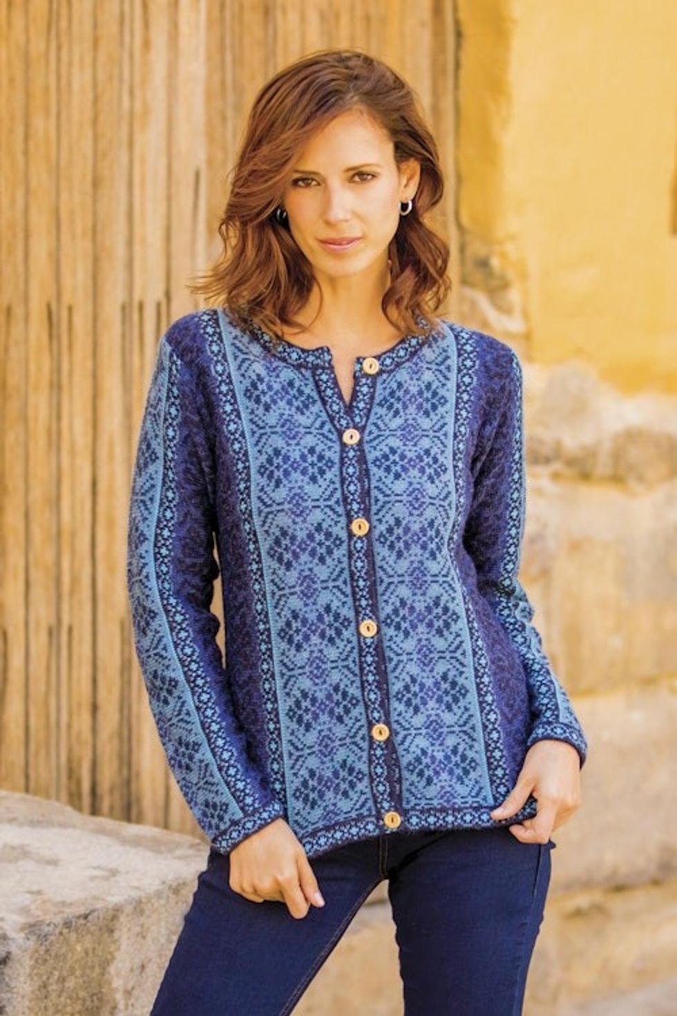 Handcrafted Floral Alpaca Wool Art Knit Cardigan 'Blue Andean Poinsettia'