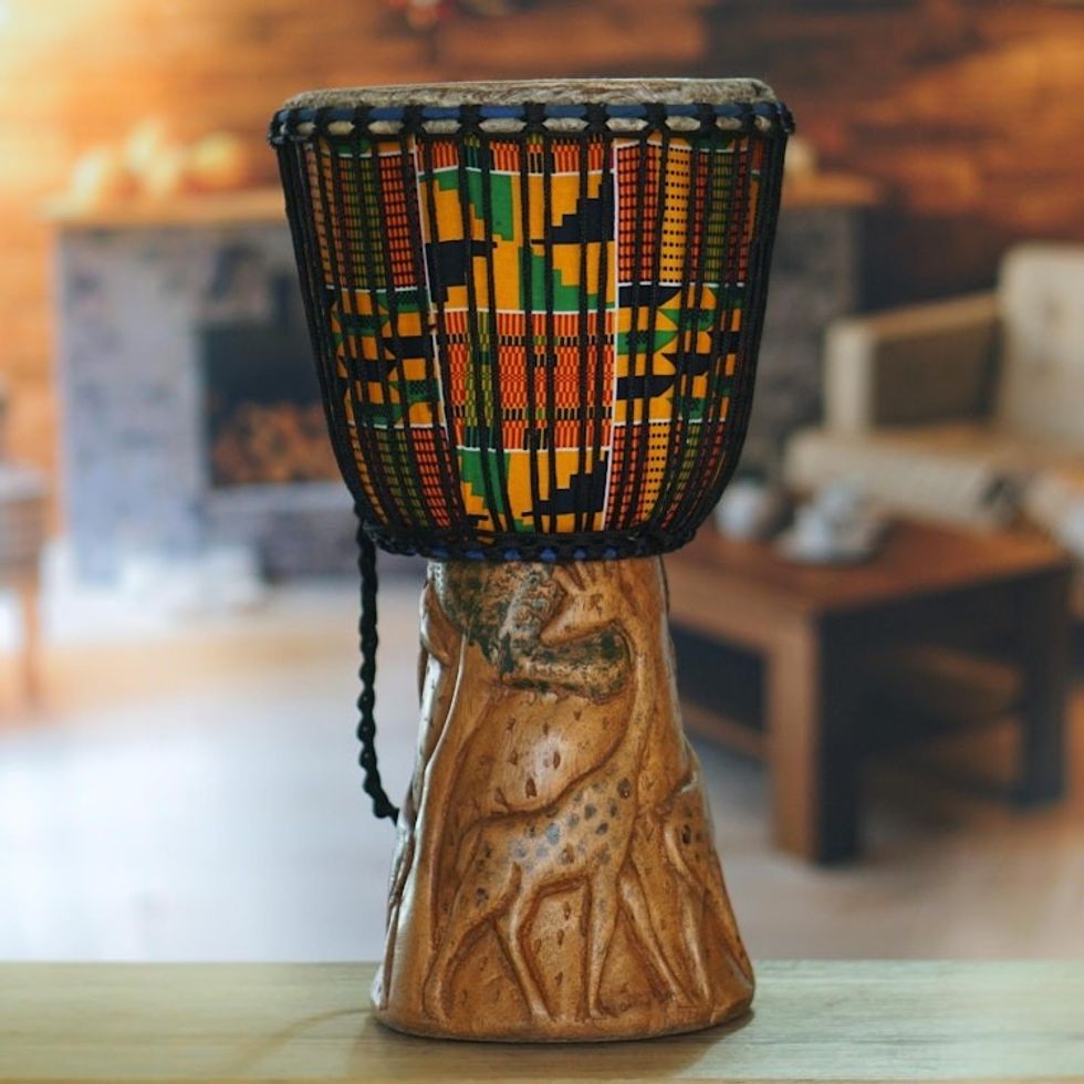 Handcrafted Kente Multicolor Tweneboa Wood Djembe Drum 'Rhythms of The Savannah'