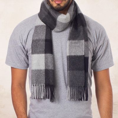 Alternate image for Hand Crafted Mens Alpaca Wool Patterned Scarf Gray Squared