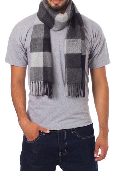 Alternate image for Hand Crafted Mens Alpaca Wool Patterned Scarf Gray Squared