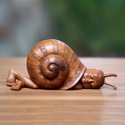 Alternate image for Snail-Themed Surrealist Suar Wood Sculpture from Indonesia Slumbering Snail