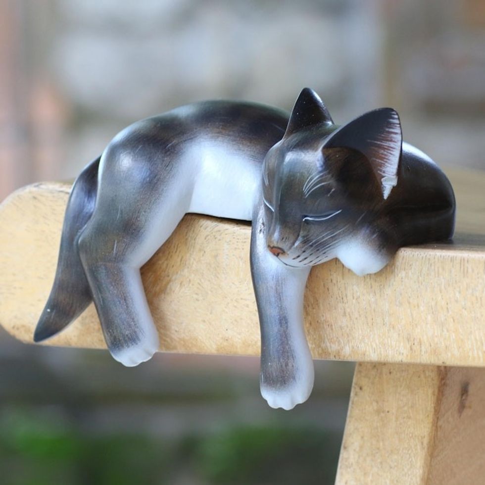 Hand Crafted Dark Grey Sleeping Kitty Cat Sculpture 'Catnap'