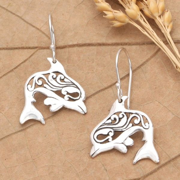 Image for Sterling Silver Dangle Earrings with Dolphin Motif Dolphin Dive