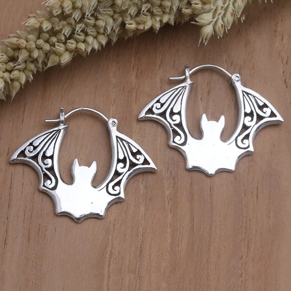 Sterling Silver Hoop Earrings with Bat Motif 'Night Flight'