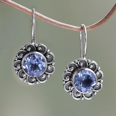 Alternate image for Balinese Blue Topaz Sunflower Drop Earrings Singaraja Sunflower Blue