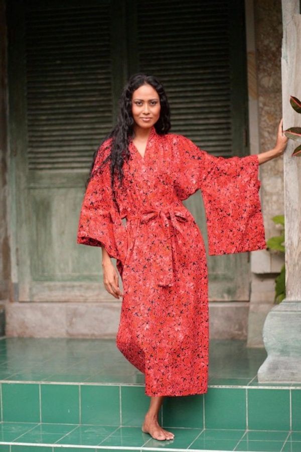 Image for Womens Long Red Cotton Batik Wrap and Tie Robe Red Floral Kimono