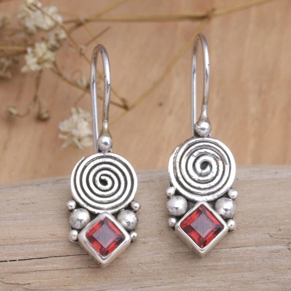 Sterling Silver Drop Earrings with Natural Garnet Stones 'Love Spiral'