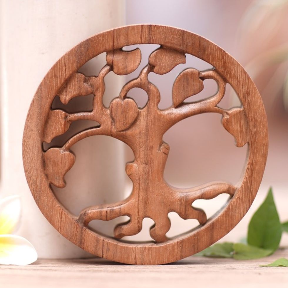 Brown Suar Wood Relief Panel of Leafy Tree from Bali 'Forest Afternoon'