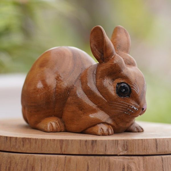 Image for Hand Carved Suar Wood Bunny Statuette Chubby Bunny