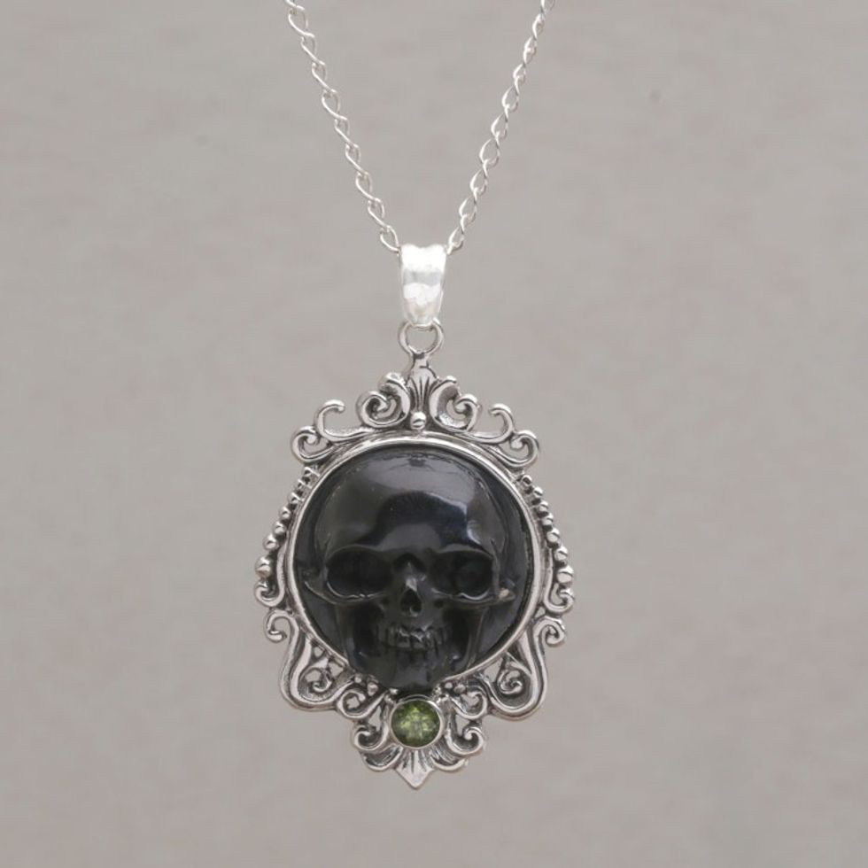 Peridot and Bone Black Skull Pendant Necklace from Bali 'Skull Stare in Black'