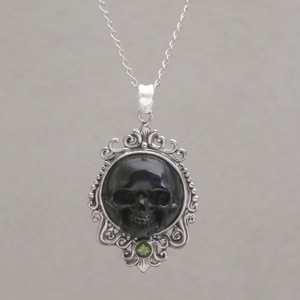 Alternate image for Peridot and Bone Black Skull Pendant Necklace from Bali Skull Stare in Black