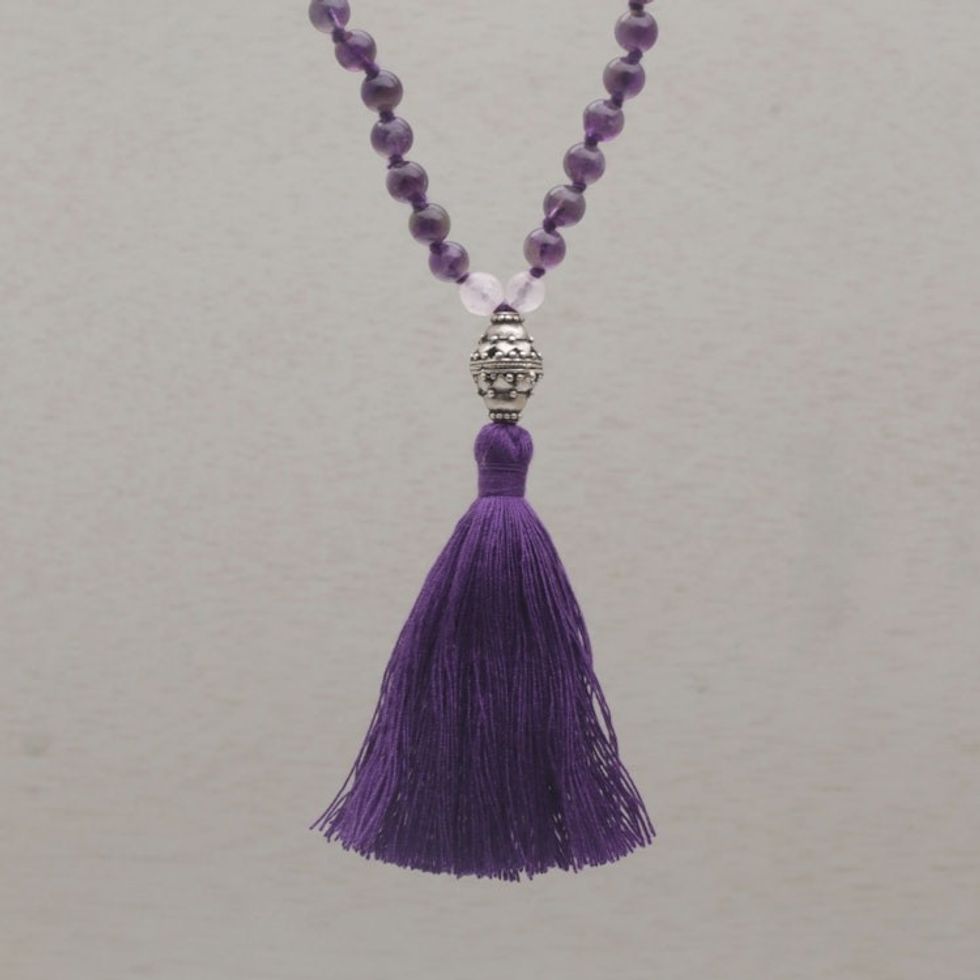Amethyst and Rose Quartz Pendant Necklace from Bali 'Meditative Evening'