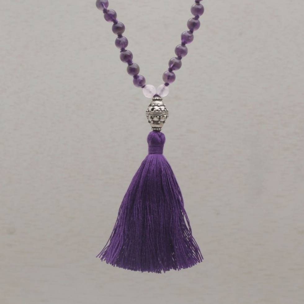 Amethyst and Rose Quartz Pendant Necklace from Bali 'Meditative Evening'