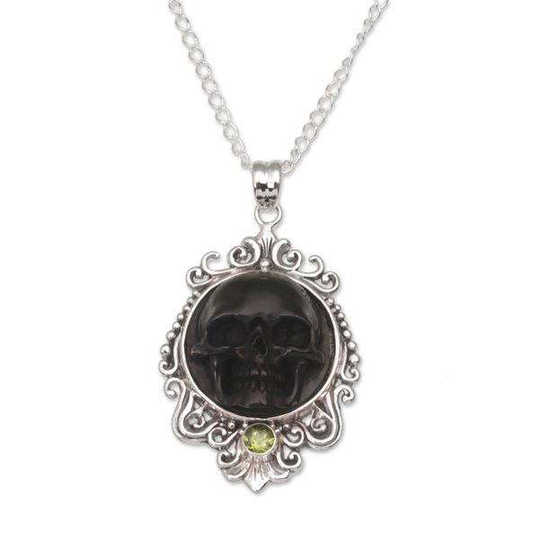 Alternate image for Peridot and Bone Black Skull Pendant Necklace from Bali Skull Stare in Black
