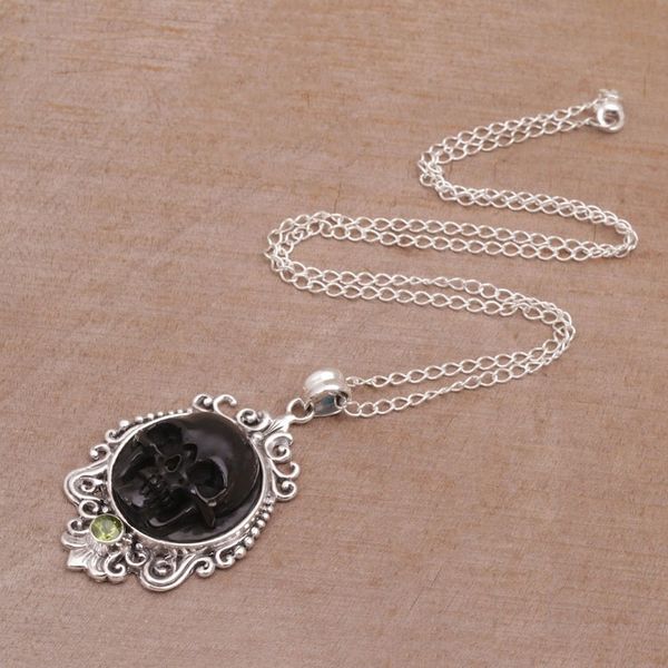 Alternate image for Peridot and Bone Black Skull Pendant Necklace from Bali Skull Stare in Black