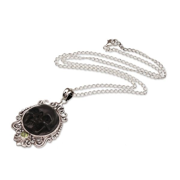 Alternate image for Peridot and Bone Black Skull Pendant Necklace from Bali Skull Stare in Black