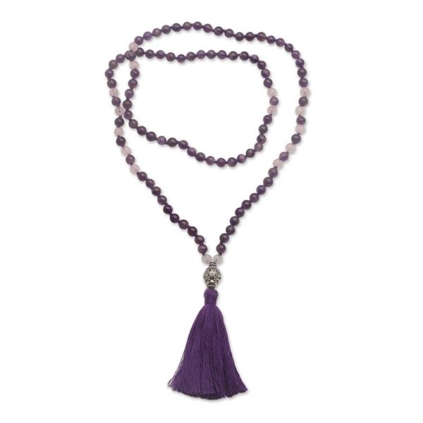Alternate image for Amethyst and Rose Quartz Pendant Necklace from Bali Meditative Evening