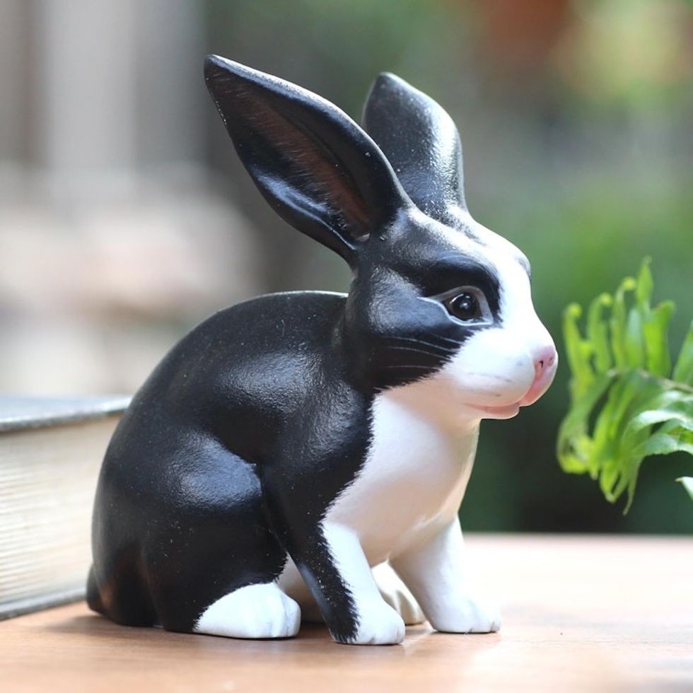 Balinese Signed Black and White Dutch Rabbit Wood Sculpture 'Inquisitive Dutch Rabbit'