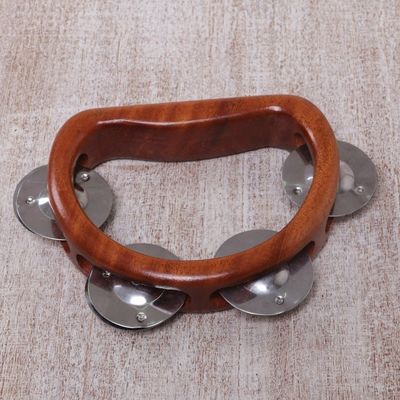Alternate image for Artisan Crafted Handled Teak Wood Tambourine from Bali Funky Vibes
