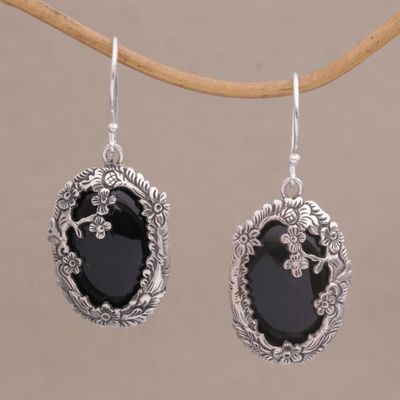Alternate image for Onyx and Sterling Silver Floral Dangle Earrings from Bali Dreamy Forest