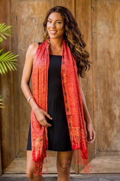 Alternate image for Balinese Hand-Stamped Batik Orange Silk Shawl Romantic Sunset