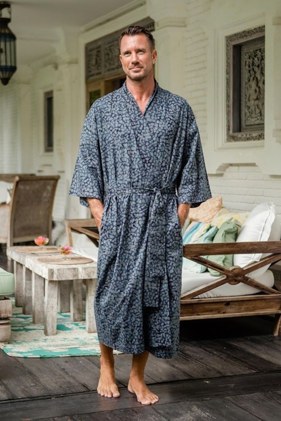 Men's Batik Belted Cotton Robe 'Blue Midnight'