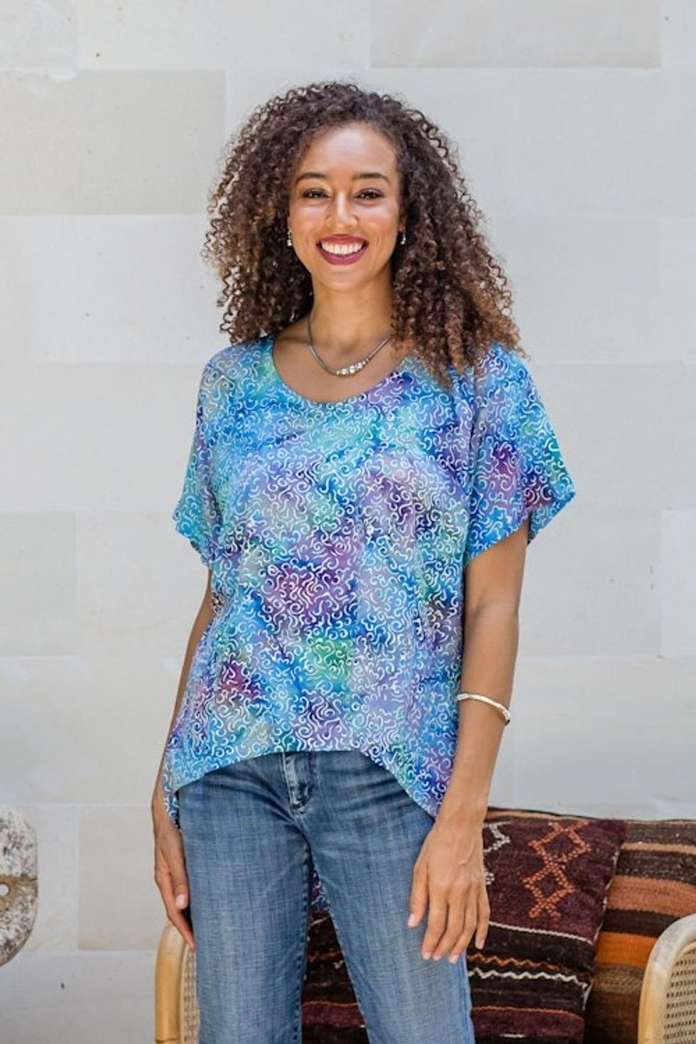Rayon Hi-Low Sidetail Multicolor Batik Blouse 'Rainbow Seascape'