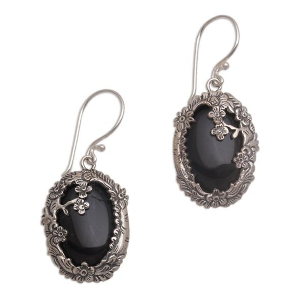 Alternate image for Onyx and Sterling Silver Floral Dangle Earrings from Bali Dreamy Forest