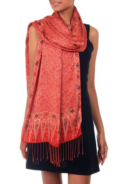 Alternate image for Balinese Hand-Stamped Batik Orange Silk Shawl Romantic Sunset