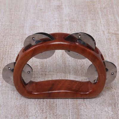 Alternate image for Artisan Crafted Handled Teak Wood Tambourine from Bali Funky Vibes