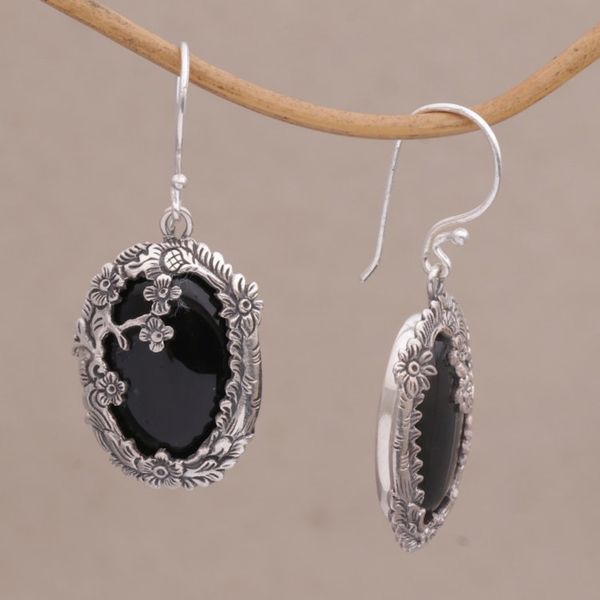 Alternate image for Onyx and Sterling Silver Floral Dangle Earrings from Bali Dreamy Forest