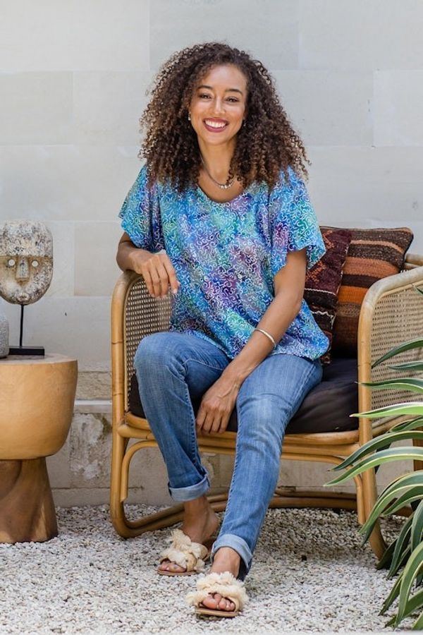 Alternate image for Rayon Hi-Low Sidetail Multicolor Batik Blouse Rainbow Seascape