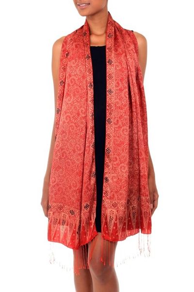 Alternate image for Balinese Hand-Stamped Batik Orange Silk Shawl Romantic Sunset