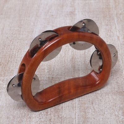 Alternate image for Artisan Crafted Handled Teak Wood Tambourine from Bali Funky Vibes