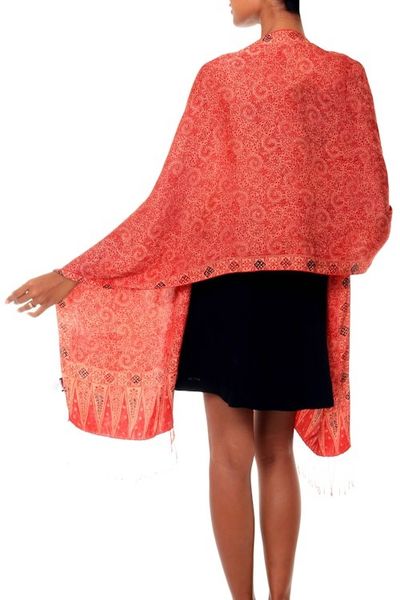 Alternate image for Balinese Hand-Stamped Batik Orange Silk Shawl Romantic Sunset