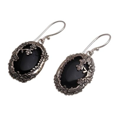 Alternate image for Onyx and Sterling Silver Floral Dangle Earrings from Bali Dreamy Forest