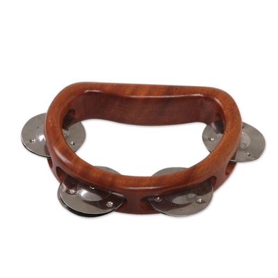 Alternate image for Artisan Crafted Handled Teak Wood Tambourine from Bali Funky Vibes