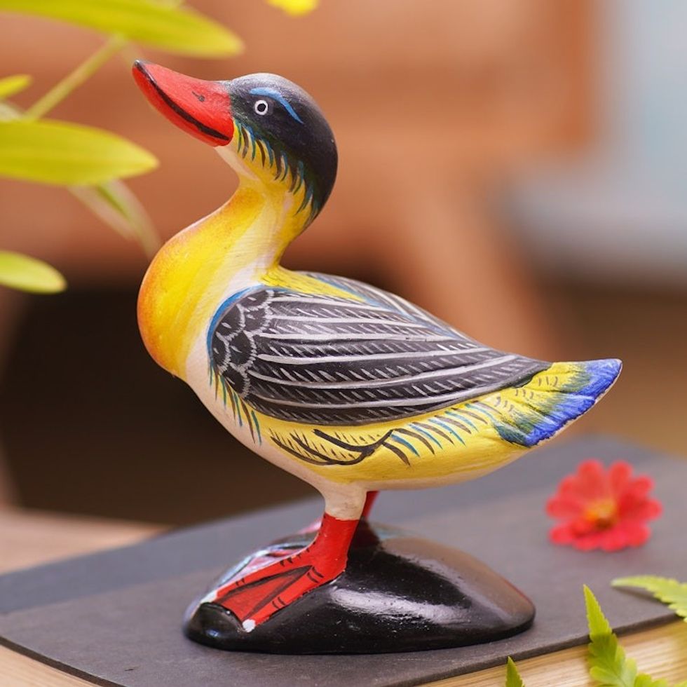 Hand-Painted Crocodile Wood Duck Statuette 'Lucky Duck'