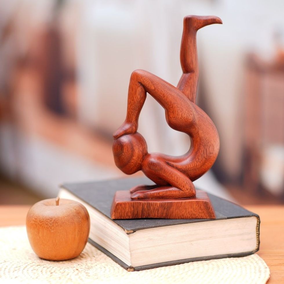 Hand-Carved Abstract Wood Sculpture of Person in Yoga Pose 'Time for Yoga'