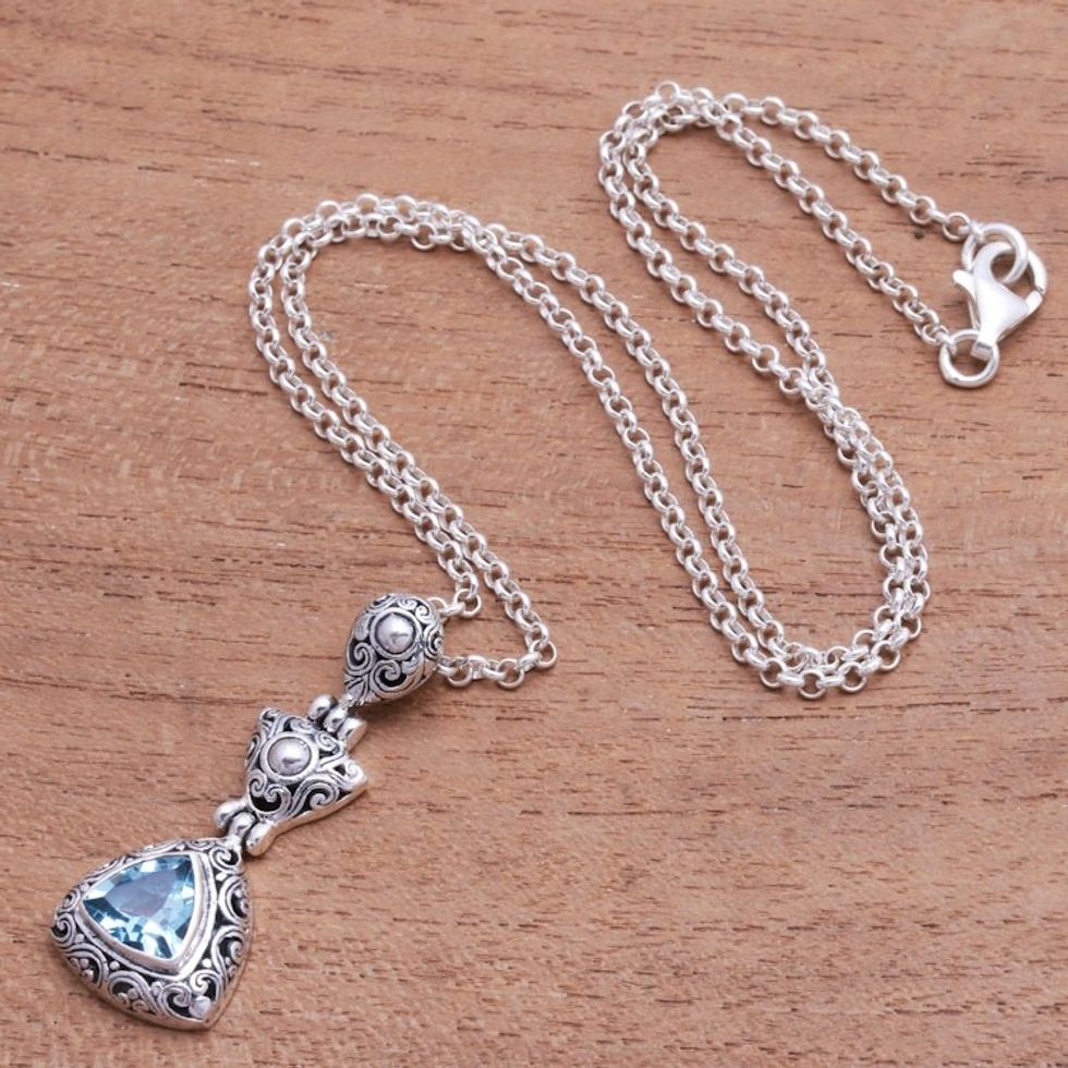 Triangular Blue Topaz Pendant Necklace from Bali 'Triangle of Swirls'