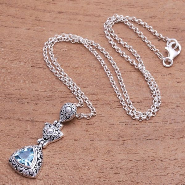 Alternate image for Triangular Blue Topaz Pendant Necklace from Bali Triangle of Swirls