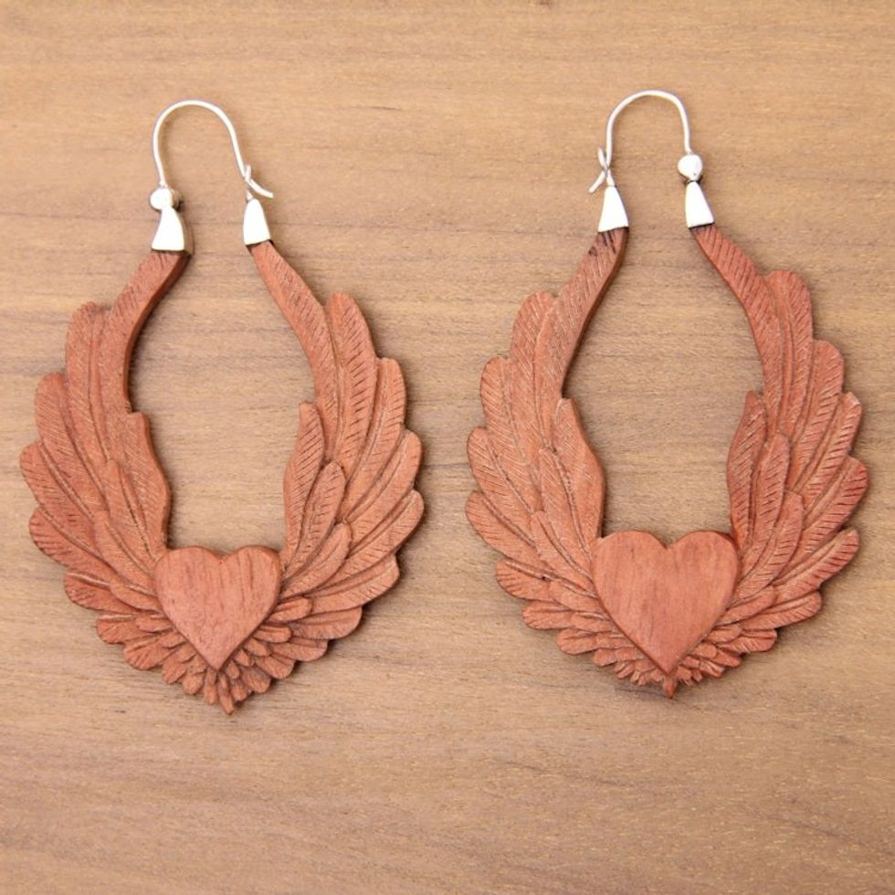 Artisan Crafted Balinese Wood and Silver Hoop Earrings 'Angel Heart'