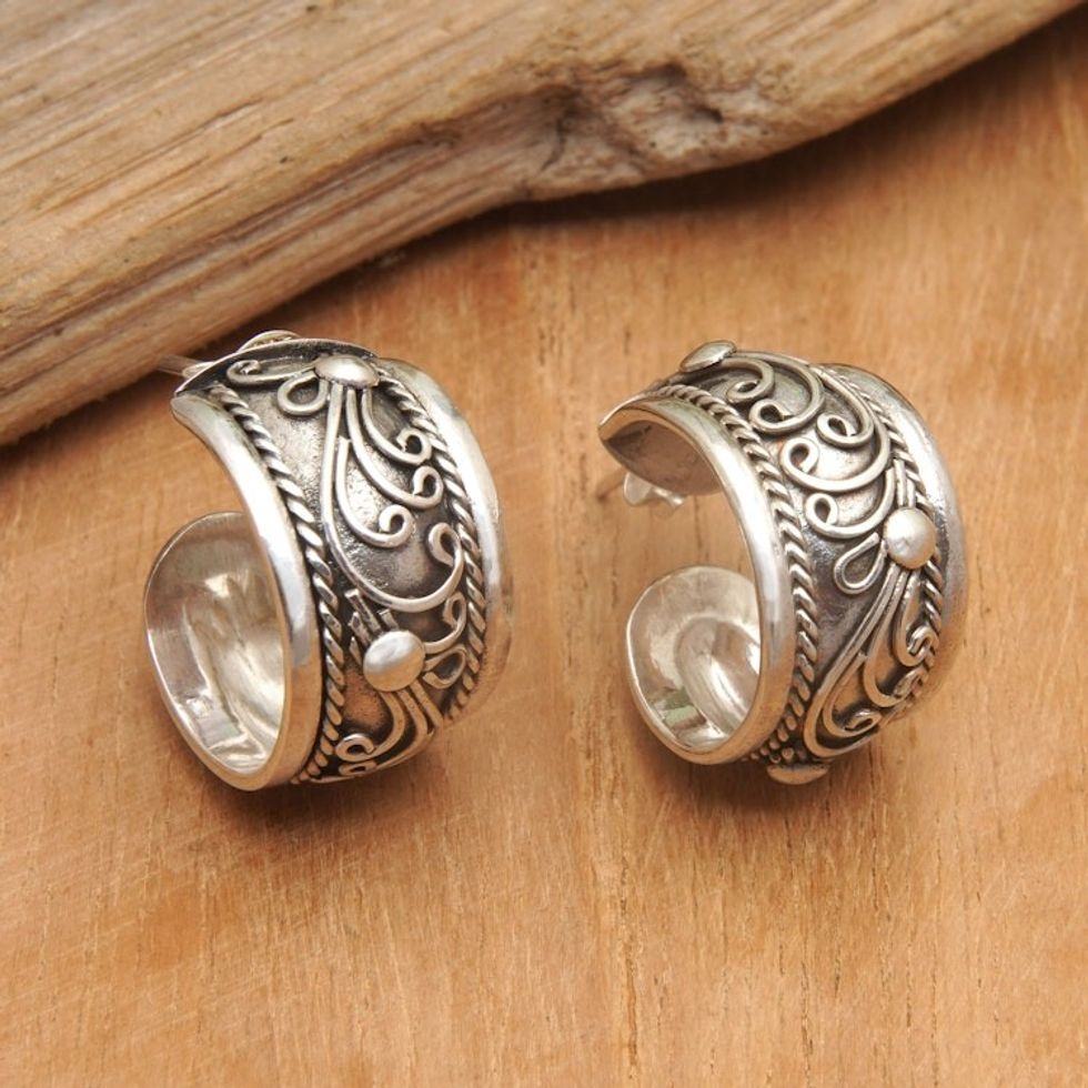 Sterling Silver Half-Hoop Earrings with Vine Details 'Stunning Gianyar'