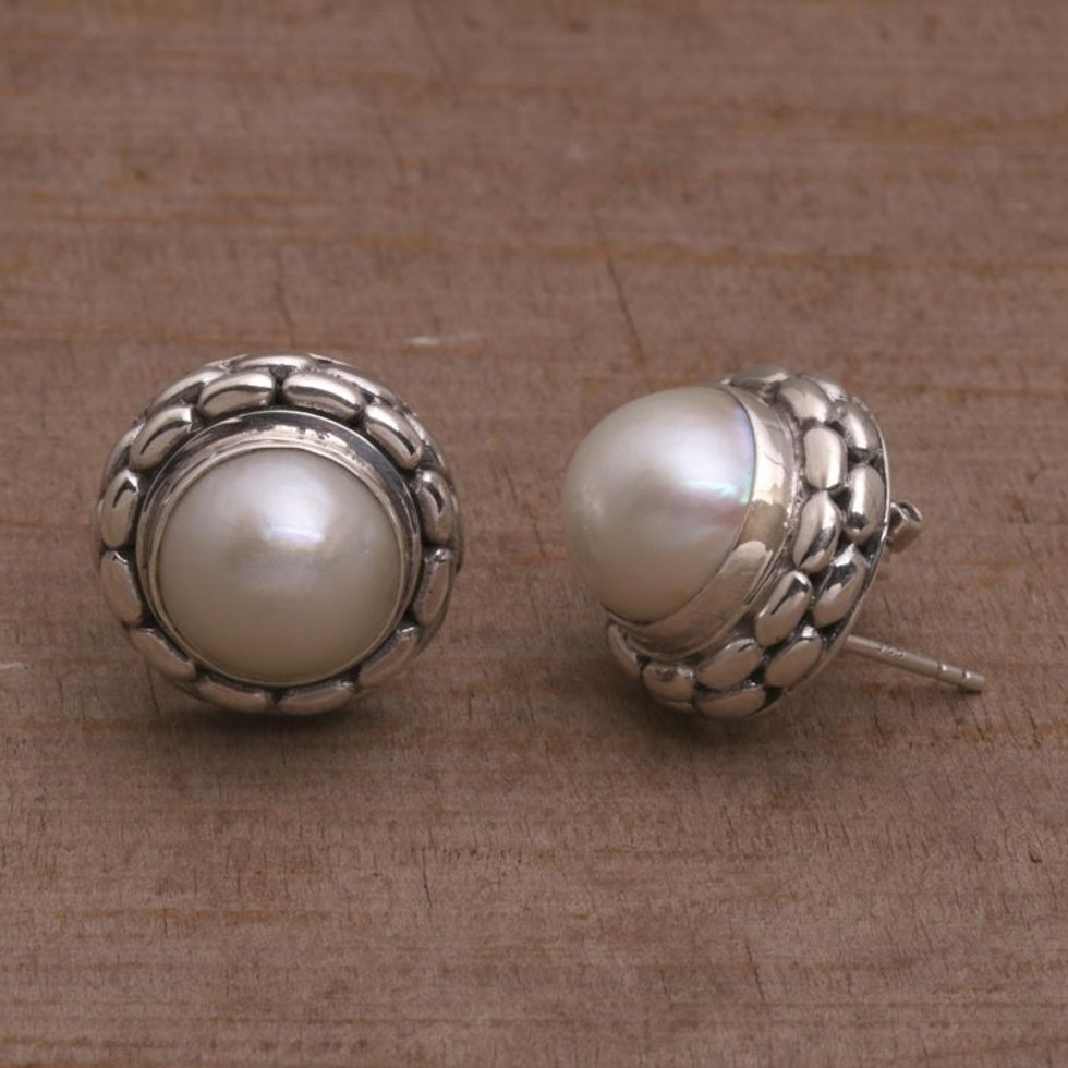 Cultured Pearl and Sterling Silver Button Earrings from Bali 'Temple Domes'