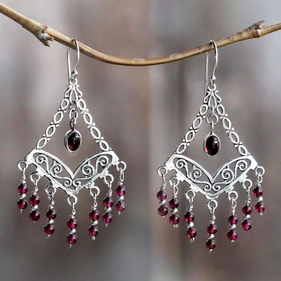 Garnet Chandelier Earrings from Bali 'Raining Prosperity'