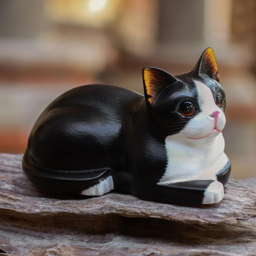 Hand Carved Suar Wood Cat Statuette 'Reclining Cat'