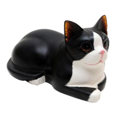 Alternate image for Hand Carved Suar Wood Cat Statuette Reclining Cat