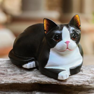 Alternate image for Hand Carved Suar Wood Cat Statuette Reclining Cat