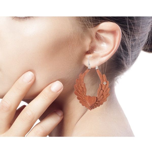 Alternate image for Artisan Crafted Balinese Wood and Silver Hoop Earrings Angel Heart