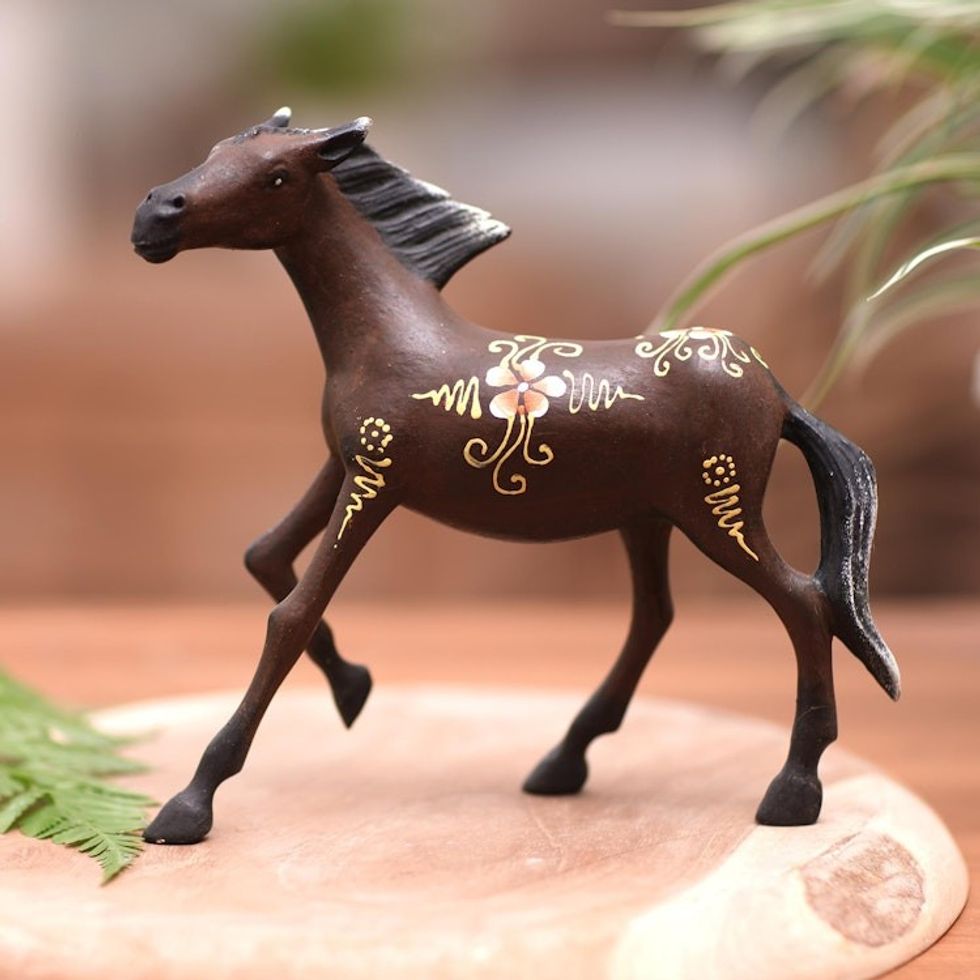 Horse Wood Figurine Hand-carved  Hand-painted in Indonesia 'Mighty Horse'